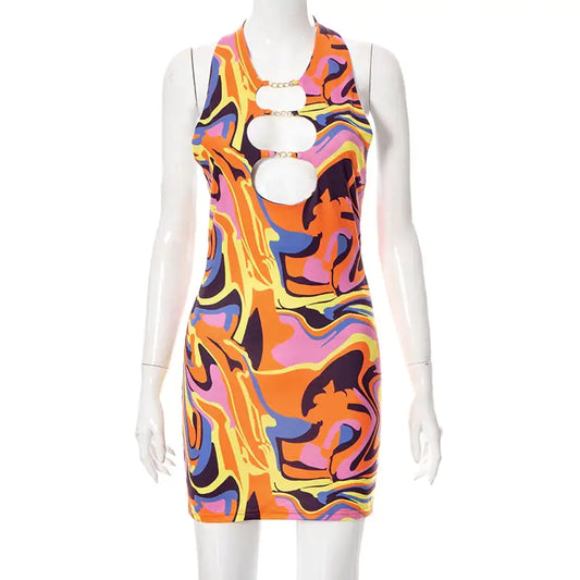 Women's Halter Backless Dress with Metal Cutouts