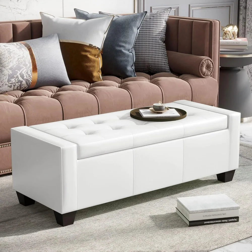 Large 51" Storage Ottoman, Tufted Faux Leather Storage Bench for Living Room, Entryway, or Bedroom
