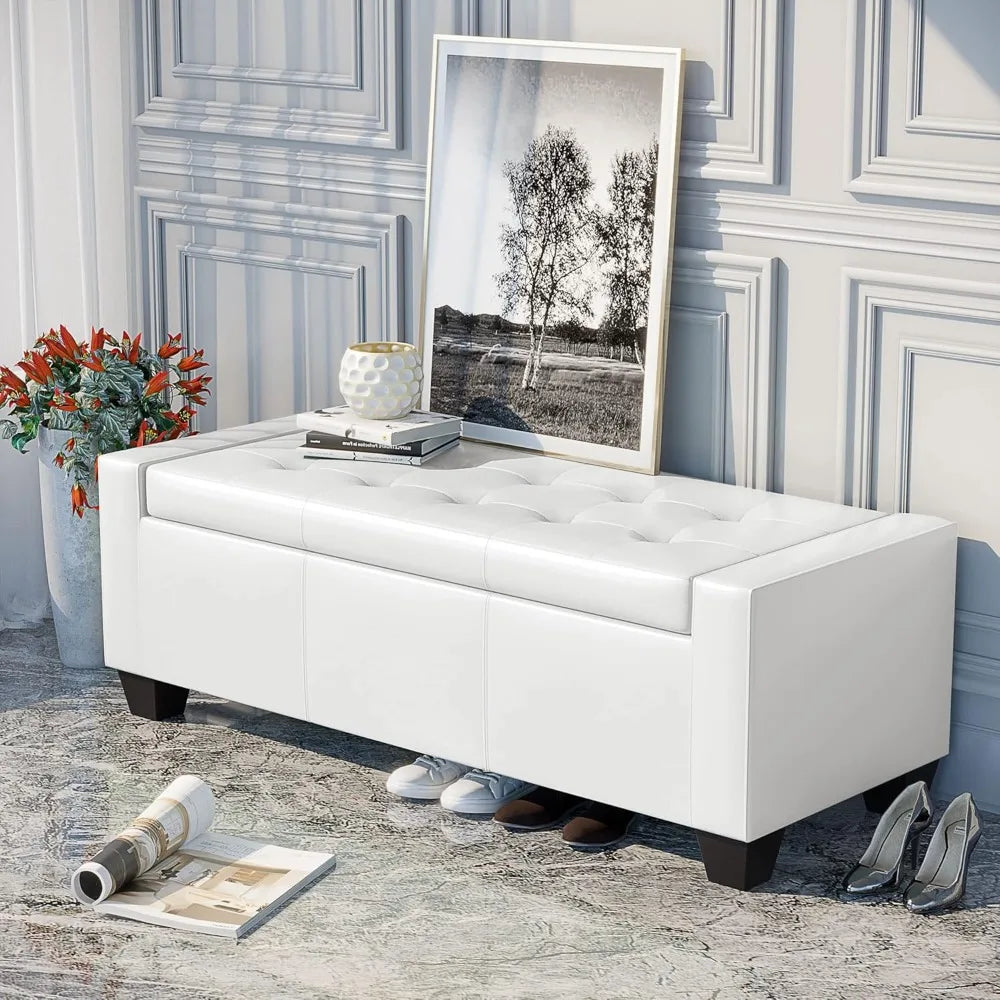 Large 51" Storage Ottoman, Tufted Faux Leather Storage Bench for Living Room, Entryway, or Bedroom