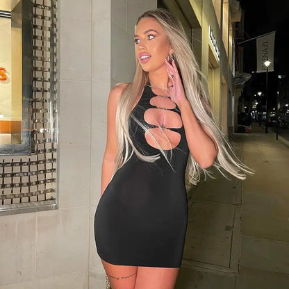 Women's Halter Backless Dress with Metal Cutouts