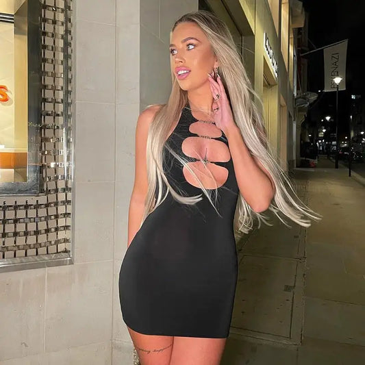 Women's Halter Backless Dress with Metal Cutouts