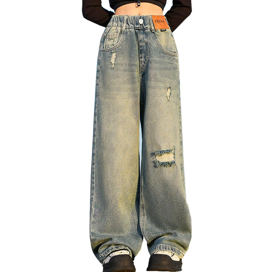 YaYabroe Kids Girls Ripped Jeans Washed Elastic Waist Wide Leg Baggy Pants Size 5-14 Years (Blue L 7-8 Years)
